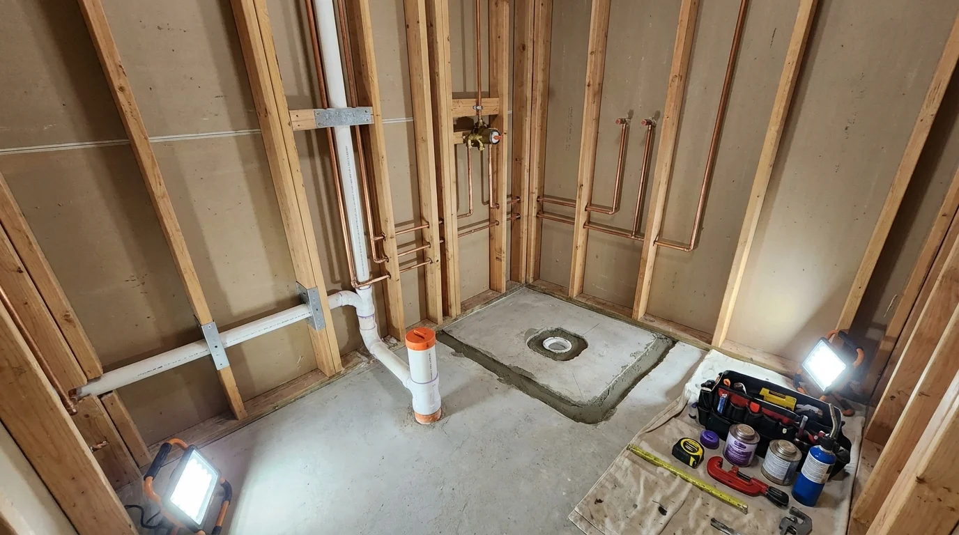 Bathroom rough-in plumbing during remodel by Johns Plumbing LLC in Church Hill