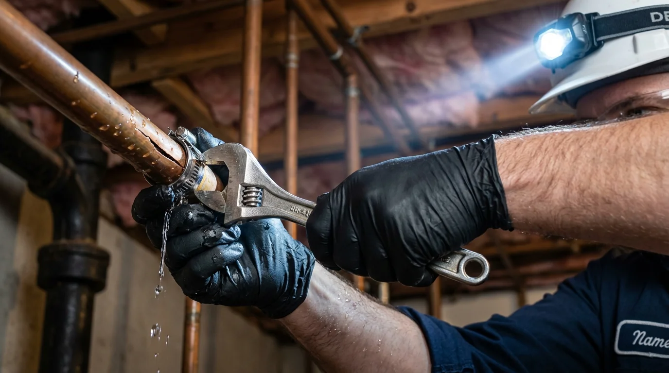 Emergency pipe clamp repair being performed by a Johns Plumbing LLC plumber in Church Hill