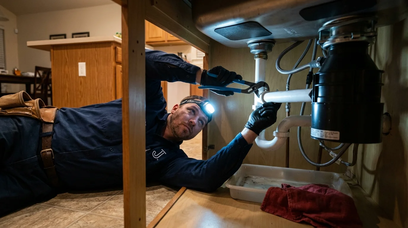 P-trap and supply line connections under a kitchen sink showing a common leak point in Church Hill, TN